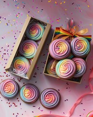 Obraz premium cookies in rainbow colors and gift box on table background