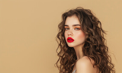 A beautiful girl with long curly brown hair in an elegant hairstyle,