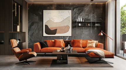 A modern living room exuding warmth and style, with a captivating poster frame on display.