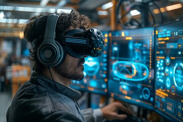 Person with VR headset interacting with UI