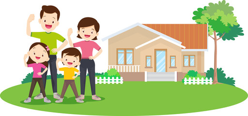 Happy big family standing with house ,rainbow