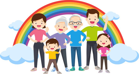 Fototapeta premium Happy big family standing with house ,rainbow