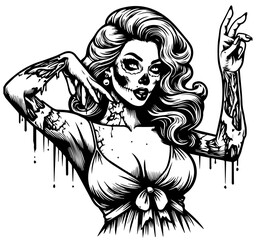 zombie pin-up girl vintage style, black silhouette vector, comic cute woman shape print, monochrome clipart retro pin up illustration, laser cutting engraving nocolor