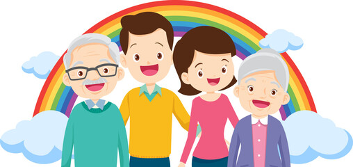 Fototapeta premium Happy big family standing with house ,rainbow