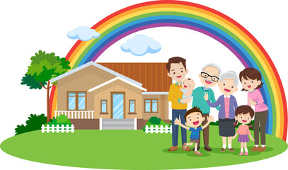 Happy big family standing with house ,rainbow