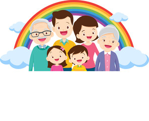 Happy big family standing with house ,rainbow