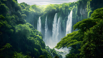 Majestic Waterfall Surrounded by Lush Green Trees