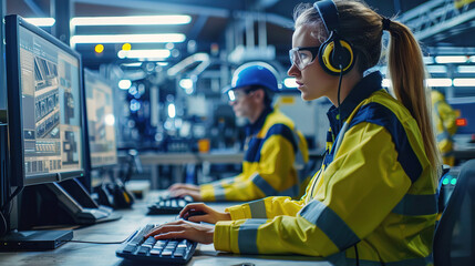 Obraz premium Workers in overalls and headphones are busy working at the checkpoint, analyzing data on computer monitors