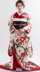 Naklejka premium Portrait of an Asian woman wearing a traditional Japanese kimono. and cherry blossoms, atmosphere of Japanese culture posing in a studio with a white background