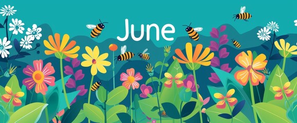 daisies and bees, with the text "June" in bold white letters on a blue background Generative AI