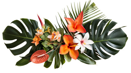 Elegant arrangement of tropical flowers and leaves, isolated on transparent background