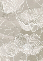 A beautiful boho vector art illustration wall art print flowers close up petals, white line work, line drawing, outlines, elegant, floral, beautiful, grey colours, intricate art