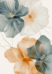 Obraz premium A beautiful boho vector art illustration wall art print flowers close up petals, white line work, line drawing, outlines, elegant, floral, beautiful, grey colours, intricate art