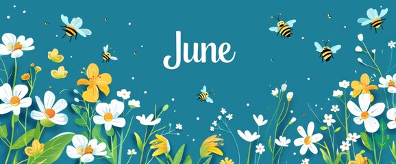 "June" art poster summer time simple background with white and yellow flowers and bees flying around Generative AI