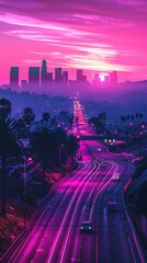 A highway with the city of Los Angeles in the background, purple and pink neon lights in the style of a cyberpunk style