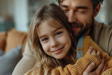 Father and Daughter Sharing a Loving Embrace on the Living Room Couch, Symbolizing Trust and Family Love