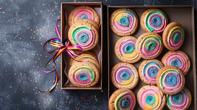 cookies in rainbow colors and gift box on table background