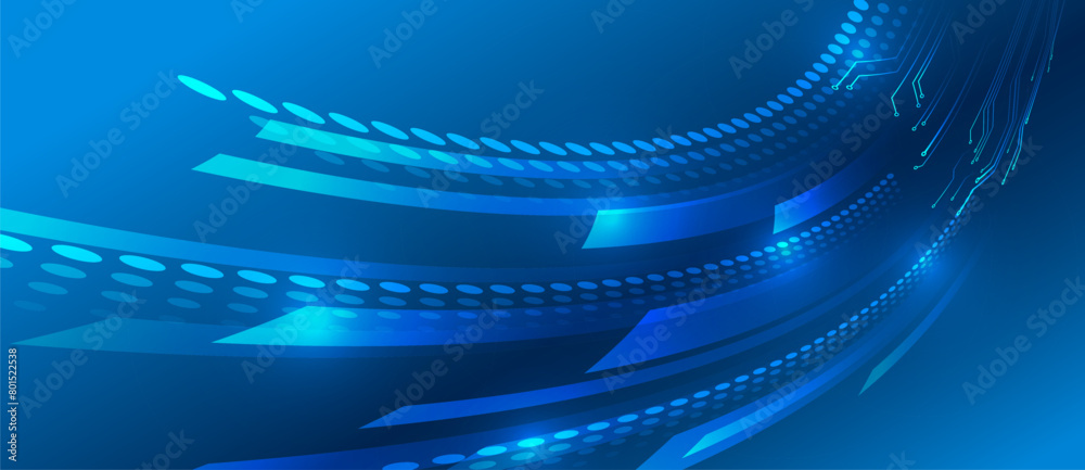 Fototapete Large data stream on a dark background, glowing lines and circles. Data set analysis and visualization. Abstract business analytics. An array of information in the form of receding stripes.