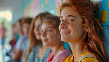 Fototapeta premium happy young group of teens looking away on a classroom background and colorful shirts