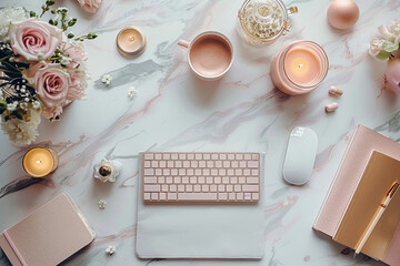 Table with a laptop, mouse, and a keyboard, and a vase of flowers, notebook, candles and a pink pen - Powered by Adobe