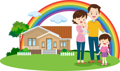 Happy big family standing with house ,rainbow