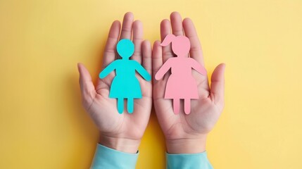 Hands holding paper cutouts of people, symbolizing unity or diversity in a conceptual art project.