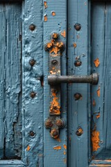 Detailed view of a weathered blue door covered in rust