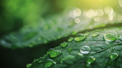 Closeup of water droplets on the edge of a green leaf