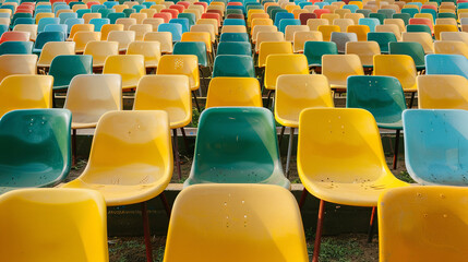 colorful seats in the stands of an outdoor stadium