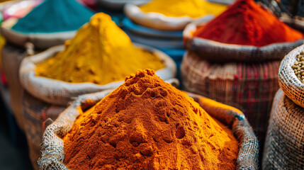 Colorful spices and herbs in bags at an Indian market. Colorful powder on top of rice in a bag