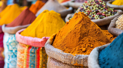 Colorful spices and herbs in bags at an Indian market. Colorful powder on top of rice in a bag