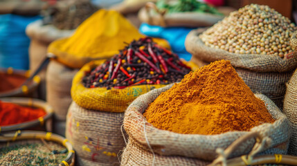 Colorful spices and herbs in bags at an Indian market. Colorful powder on top of rice in a bag