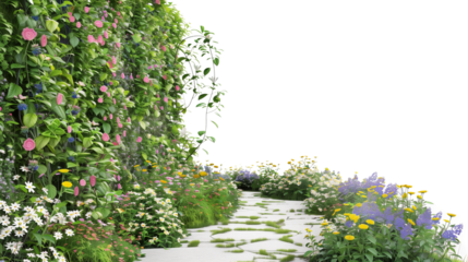 A garden path lined with wildflowers and creeper-covered walls, isolated on transparent background