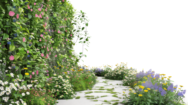 A garden path lined with wildflowers and creeper-covered walls, isolated on transparent background