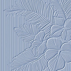 3d embossed stripes and lines floral pattern. Textured tropical exotic flowers relief striped background. Emboss backdrop. Surface leaves, flowers. 3d line art flowers ornament with embossing effect
