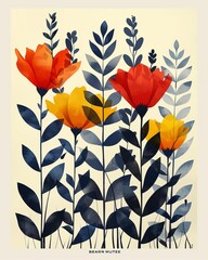 An illustration of red and yellow flowers with dark blue leaves and stems on a beige background