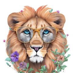 Obraz premium Cute floral lion with glasses t-shirt design