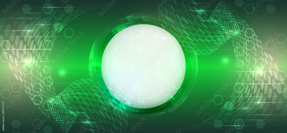 Poster Modern science vector presentation. Abstract hexagons, futuristic concept. Data transfer and protection, internet communication on a green background. High computer technology design.