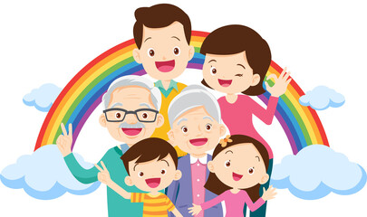 Fototapeta premium Happy big family standing with house ,rainbow
