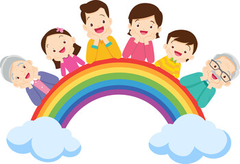 Happy big family standing with house ,rainbow