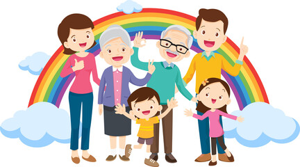 Happy big family standing with house ,rainbow