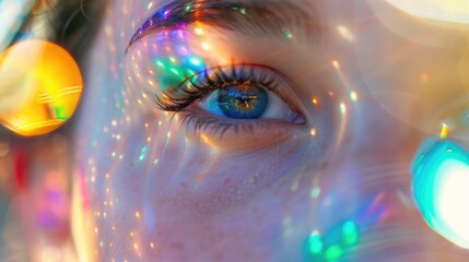 A mesmerizing portrait of a young woman with colorful bokeh lights reflecting on her face, creating a dreamy atmosphere.A woman's eye reflecting a kaleidoscope of bokeh lights. AIG50
