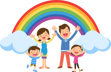 Happy big family standing with house ,rainbow