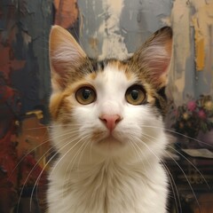Close-up Portrait of a Calico Cat with Wide Eyes