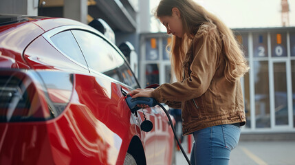 
Side view of young female in casual outfit inserting charger into red car while standing in ev charging station