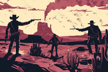 American cowboy outlaw gunslingers in the Wild West frontier of Texas with revolver guns in the style of a vintage distressed painting retro poster, stock illustration image