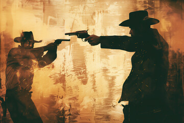 American cowboy outlaw gunslingers in the Wild West frontier of Texas with revolver guns in the style of a vintage distressed painting retro poster, stock illustration image