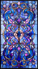 stained glass window, symmetrical design, blue and purple hues, fantasy style