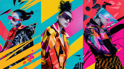 three colorful posters for a fashion store, in the style of experimental videos