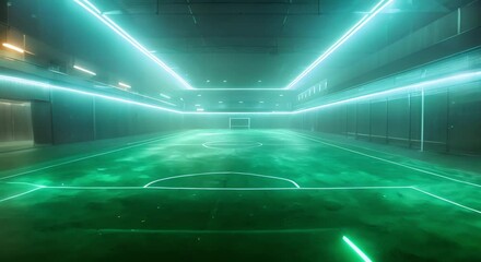 The title could be changed to: "Innovative Indoor Soccer Field with Illuminated White Lines and Football at the Center". Concept Indoor Soccer Field, Illuminated White Lines, Football Centerpiece